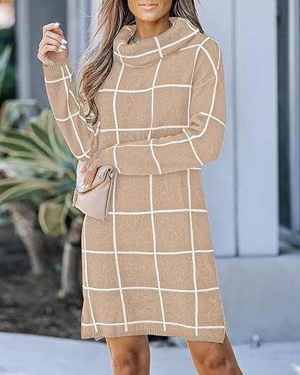 luvamia Women's casual turtleneck Knit sweater Comfortable mesh pullover sweater dress