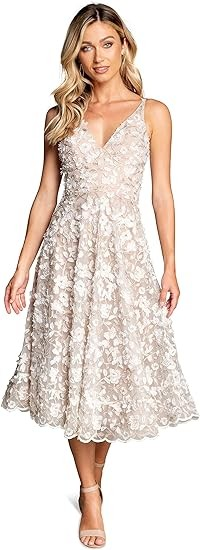 Dress the Population Women's Elisa Sleeveless Plunge Neckline Fit and Flare Midi Dress