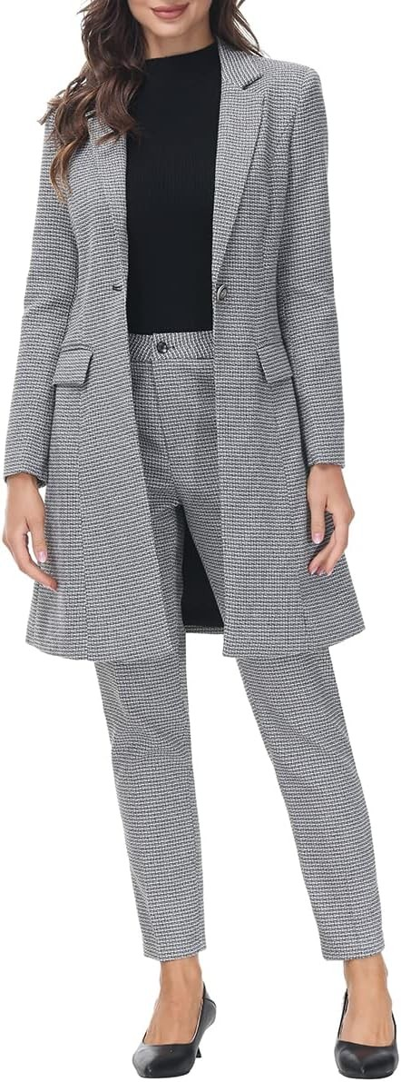 MODFUL Women's 2 Piece Long Blazer with Pants Set Small Plaid Elegant Suit Set for Casual Business Office