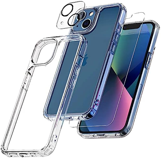 TAURI [3 in 1] Defender Designed for iPhone 13 Case 6.1 Inch, with 2 Pack Tempered Glass Screen Protector + 2 Pack Camera Lens Protector [Military Grade Protection] Shockproof Slim Thin