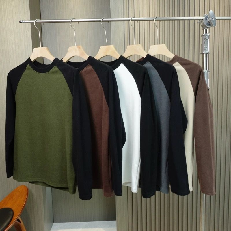 2023 new Double-Sided German Velvet Bottoming Shirt Men Autumn Winter Style Fashionable All-Match Raglan Sleeve Sweatshirt Men Casual Contrast